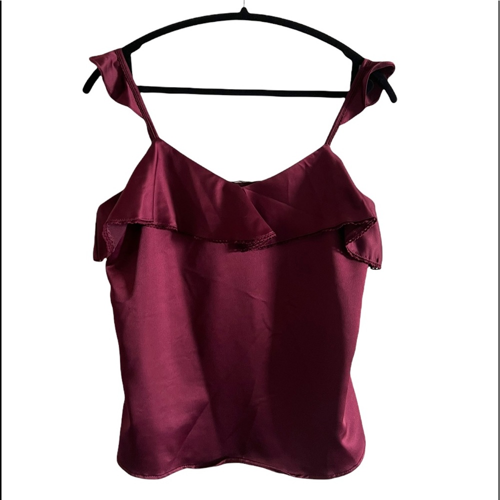 Red satin blouse with ruffles